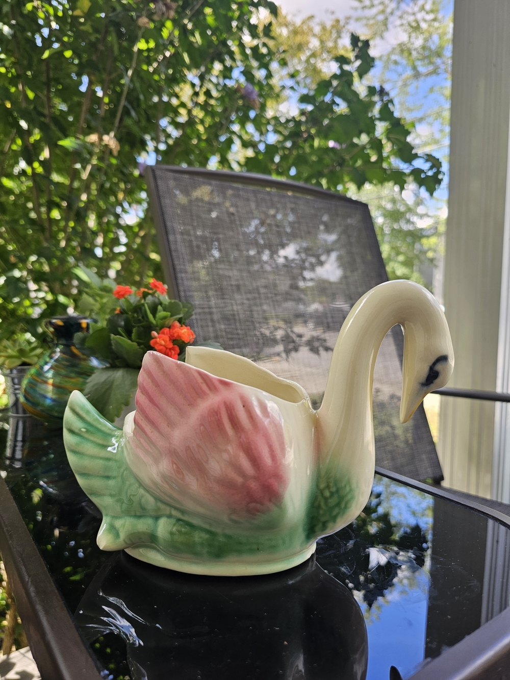 Vintage Mid-Century Ceramic Pink & Green Swan Planter (With Minor Chips)